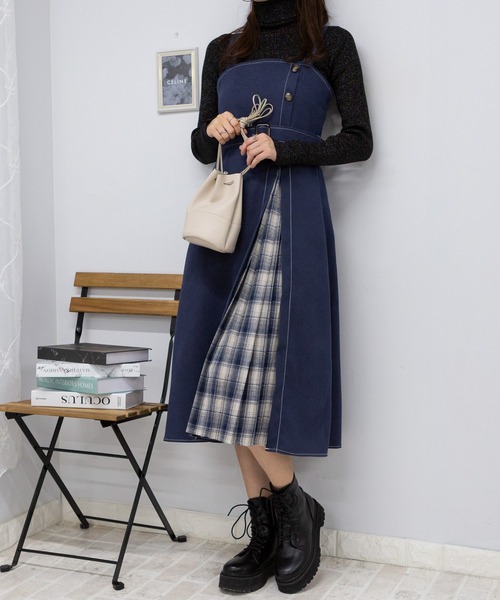 【セール】サイド チェックプリーツ ロング ジャンスカ ワンピース(ワンピース)|pumpkin port(パンプキンポート) 【セール】サイド チェックプリーツ ロング ジャンスカ ワンピース(ワンピース)|pumpkin port(パンプキンポート)