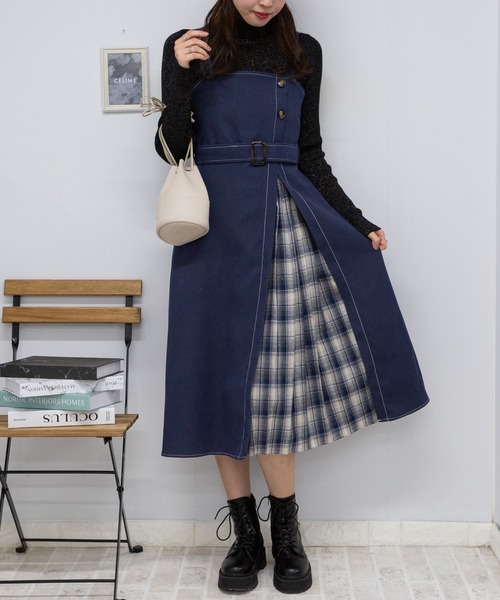 【セール】サイド チェックプリーツ ロング ジャンスカ ワンピース(ワンピース)|pumpkin port(パンプキンポート) 【セール】サイド チェックプリーツ ロング ジャンスカ ワンピース(ワンピース)|pumpkin port(パンプキンポート)