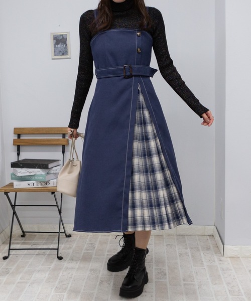 【セール】サイド チェックプリーツ ロング ジャンスカ ワンピース(ワンピース)|pumpkin port(パンプキンポート) 【セール】サイド チェックプリーツ ロング ジャンスカ ワンピース(ワンピース)|pumpkin port(パンプキンポート)