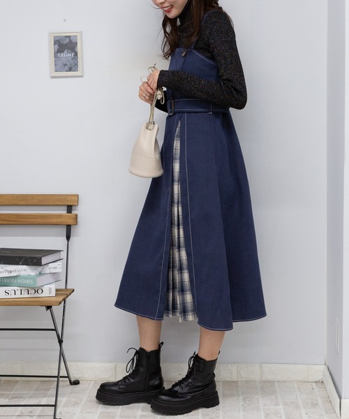 【セール】サイド チェックプリーツ ロング ジャンスカ ワンピース(ワンピース)|pumpkin port(パンプキンポート) 【セール】サイド チェックプリーツ ロング ジャンスカ ワンピース(ワンピース)|pumpkin port(パンプキンポート)