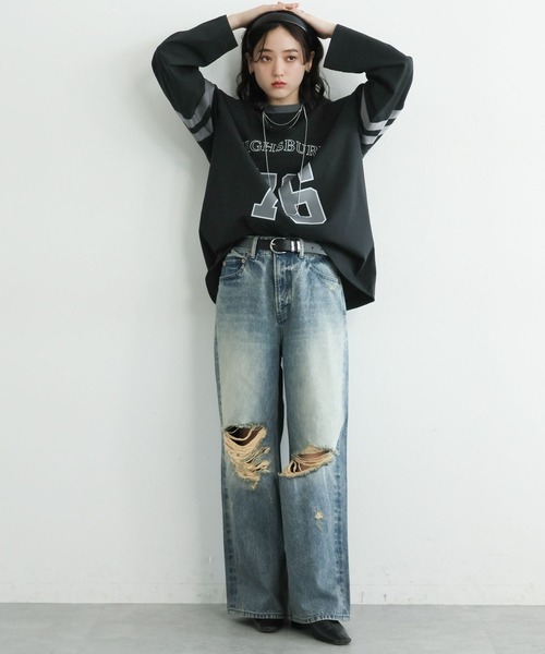 RAGEBLUE（レイジブルー）の「ナンバリングロゴ/カレッジプリントロングTシャツ（Tシャツ/カットソー・レディース・ブラック/ホワイト・FREE）」の14枚目の写真