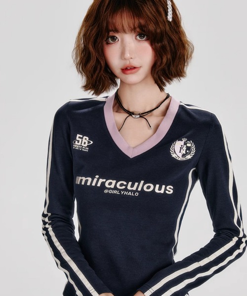 Vネック ゲームシャツ レタリング長袖Tシャツ GH25s002