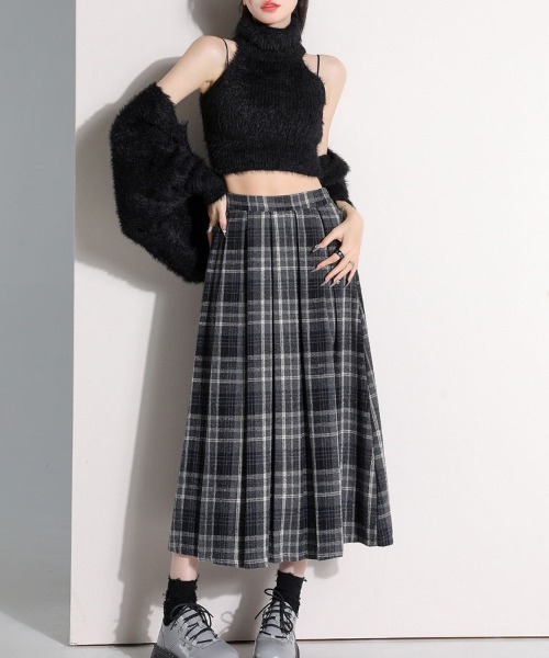 gossip!ロサンゼルス(ゴシップロサンゼルス)の「【サイズあり】ウールライクヴィンテージ チェック 厚手タックプリーツスカート(秋冬の韓国ファッション ガーリー定番)(スカート・レディース・ブラウン/グレー・S/M/L/XL)」の1枚目の写真
