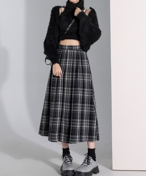 gossip!ロサンゼルス(ゴシップロサンゼルス)の「【サイズあり】ウールライクヴィンテージ チェック 厚手タックプリーツスカート(秋冬の韓国ファッション ガーリー定番)(スカート・レディース・ブラウン/グレー・S/M/L/XL)」の5枚目の写真
