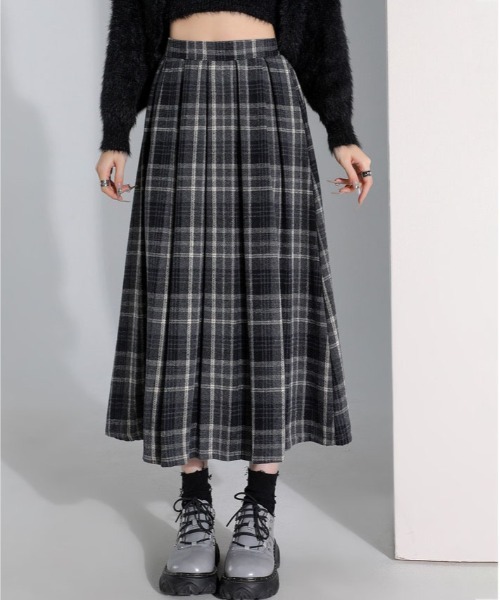 gossip!ロサンゼルス(ゴシップロサンゼルス)の「【サイズあり】ウールライクヴィンテージ チェック 厚手タックプリーツスカート(秋冬の韓国ファッション ガーリー定番)(スカート・レディース・ブラウン/グレー・S/M/L/XL)」の8枚目の写真