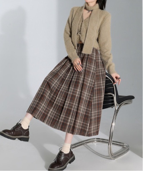 gossip!ロサンゼルス(ゴシップロサンゼルス)の「【サイズあり】ウールライクヴィンテージ チェック 厚手タックプリーツスカート(秋冬の韓国ファッション ガーリー定番)(スカート・レディース・ブラウン/グレー・S/M/L/XL)」の10枚目の写真