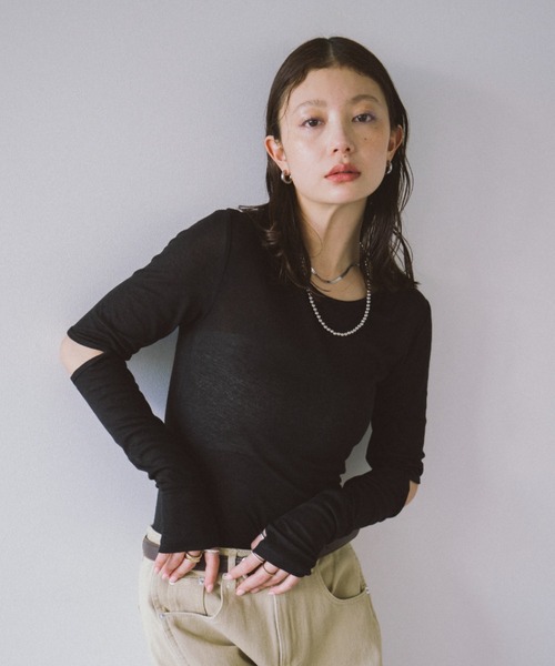 HANNE(アン)の「アームスリットシアーロンTEE(Tシャツ/カットソー・レディース・イエロー/ベージュ/ブラック・FREE)」の2枚目の写真