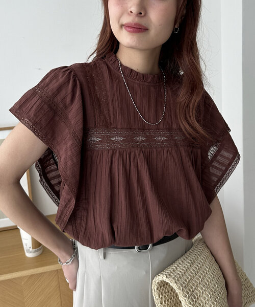 India】ドビーストライプレースフレンチブラウス（シャツ/ブラウス