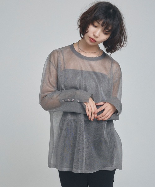 ELLEgirl（エルガール）の「シアーニットチュニック【ELLEgirl/エルガール】（ニット/セーター・レディース・グレー/ピンク/オレンジ/アイボリー・FREE）」の2枚目の写真