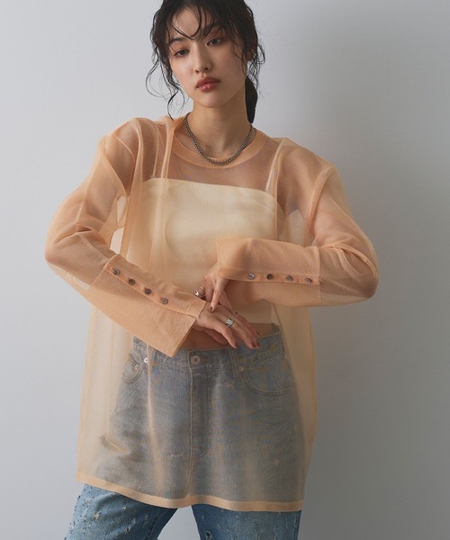 ELLEgirl（エルガール）の「シアーニットチュニック【ELLEgirl/エルガール】（ニット/セーター・レディース・グレー/ピンク/オレンジ/アイボリー・FREE）」の4枚目の写真