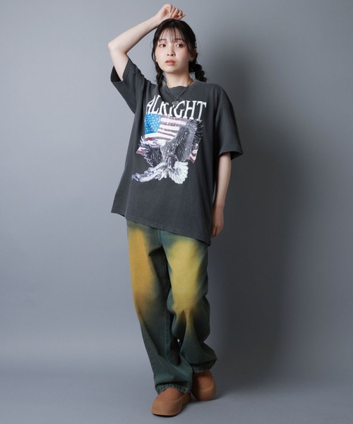 SPINNS（スピンズ）の「ピグメント加工プリントTシャツ/レトロイーグル/短丈/古着風（Tシャツ/カットソー・メンズ・ブラック/カーキ・ONESIZE）」の14枚目の写真