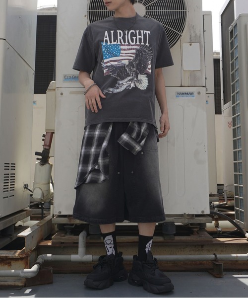 SPINNS（スピンズ）の「ピグメント加工プリントTシャツ/レトロイーグル/短丈/古着風（Tシャツ/カットソー・メンズ・ブラック/カーキ・ONESIZE）」の10枚目の写真