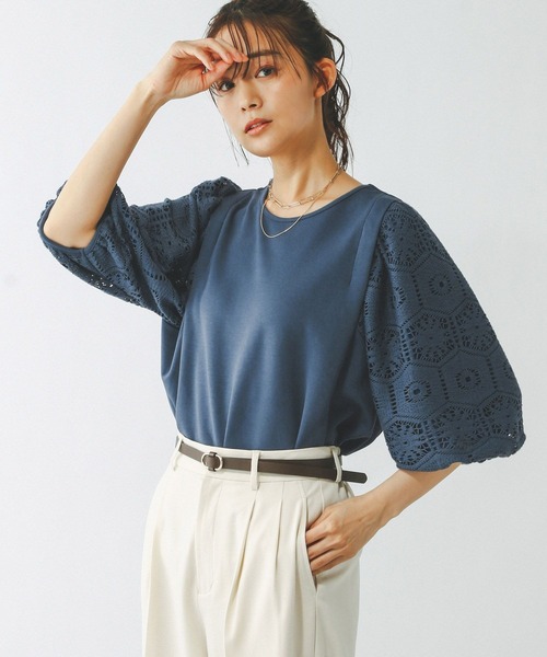 セール】なめらかタッチ袖レースT6分袖/289389（Tシャツ/カットソー