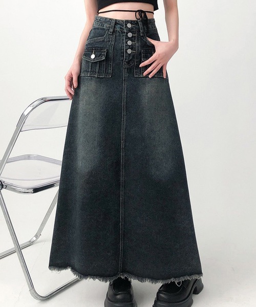 Lace Ladies(レースレディース)の「ウォッシュド ハイウエスト ロング デニム スカート(デニムスカート・レディース・ネイビー・M/L/XL/S)」の3枚目の写真