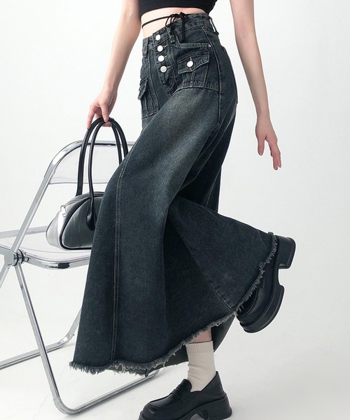 Lace Ladies(レースレディース)の「ウォッシュド ハイウエスト ロング デニム スカート(デニムスカート・レディース・ネイビー・M/L/XL/S)」の4枚目の写真