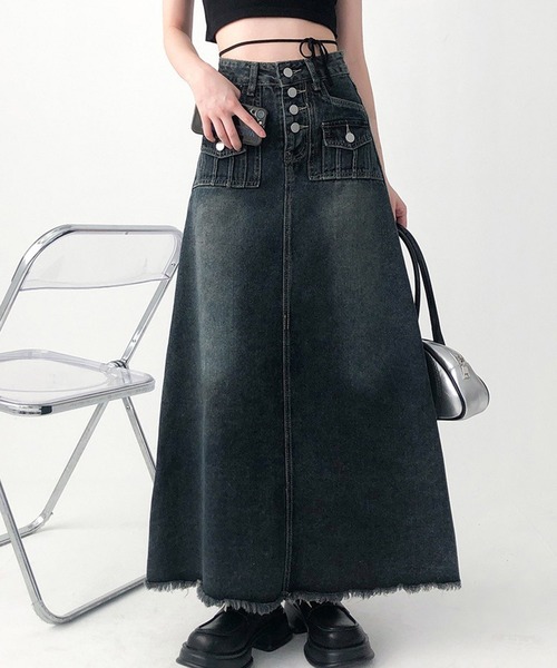 Lace Ladies(レースレディース)の「ウォッシュド ハイウエスト ロング デニム スカート(デニムスカート・レディース・ネイビー・M/L/XL/S)」の6枚目の写真