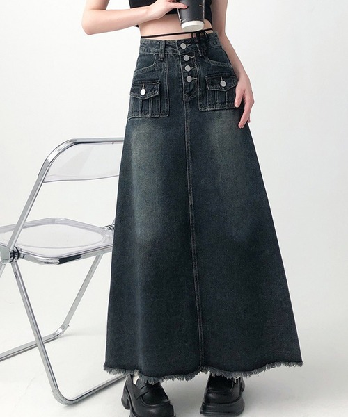 Lace Ladies(レースレディース)の「ウォッシュド ハイウエスト ロング デニム スカート(デニムスカート・レディース・ネイビー・M/L/XL/S)」の7枚目の写真