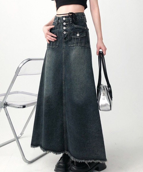 Lace Ladies(レースレディース)の「ウォッシュド ハイウエスト ロング デニム スカート(デニムスカート・レディース・ネイビー・M/L/XL/S)」の8枚目の写真