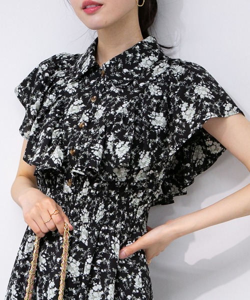 セール】花柄 ラッフル袖 ウエストシャーリング ロング