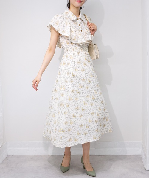 CHICWISH★花柄シャーリングラッフルワンピース☆ セール】花柄 ラッフル袖 ウエストシャーリング ロング
