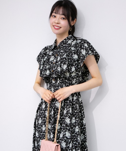 CHICWISH★花柄シャーリングラッフルワンピース☆ セール】花柄 ラッフル袖 ウエストシャーリング ロング