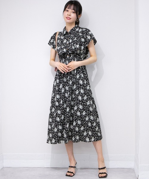 CHICWISH★花柄シャーリングラッフルワンピース☆ セール】花柄 ラッフル袖 ウエストシャーリング ロング