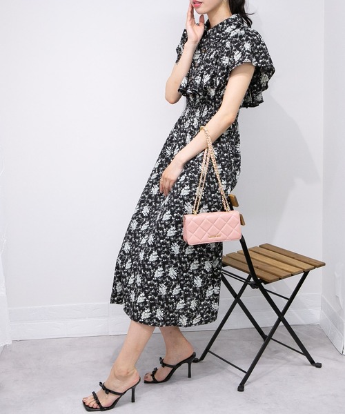 CHICWISH★花柄シャーリングラッフルワンピース☆ セール】花柄 ラッフル袖 ウエストシャーリング ロング