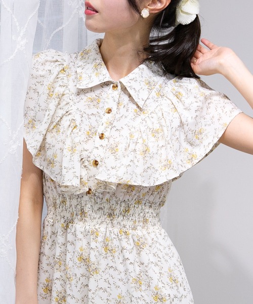 CHICWISH★花柄シャーリングラッフルワンピース☆ セール】花柄 ラッフル袖 ウエストシャーリング ロング