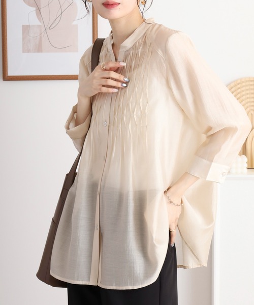 BRODIAEA(ブローディア)の「BRODIAEA ノーカラー7分袖キーネックブラウス(シャツ/ブラウス・レディース・ピンク/イエロー/サンドベージュ・40)」の4枚目の写真