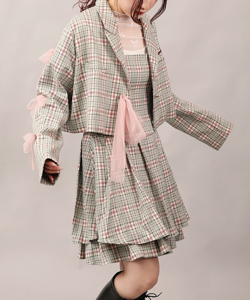 HOOK(フック)の「【HOOK】for girls チュールリボン付きチェック柄ジャケット(テーラードジャケット・レディース・グリーン/ブラック・LARGE/MEDIUM/SMALL)」の10枚目の写真