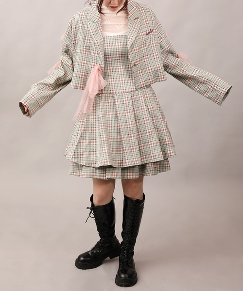 HOOK(フック)の「【HOOK】for girls チュールリボン付きチェック柄ジャケット(テーラードジャケット・レディース・グリーン/ブラック・LARGE/MEDIUM/SMALL)」の8枚目の写真