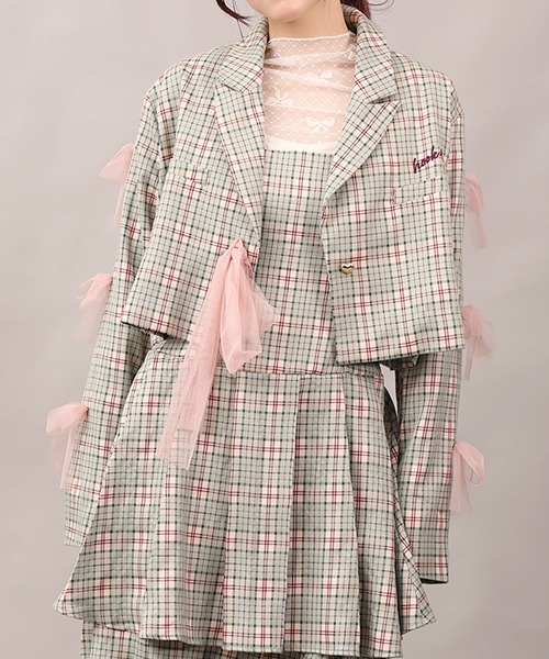 HOOK(フック)の「【HOOK】for girls チュールリボン付きチェック柄ジャケット(テーラードジャケット・レディース・グリーン/ブラック・LARGE/MEDIUM/SMALL)」の15枚目の写真