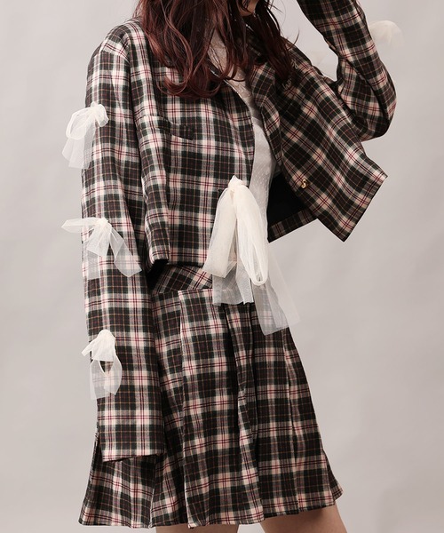 HOOK(フック)の「【HOOK】for girls チュールリボン付きチェック柄ジャケット(テーラードジャケット・レディース・グリーン/ブラック・LARGE/MEDIUM/SMALL)」の4枚目の写真