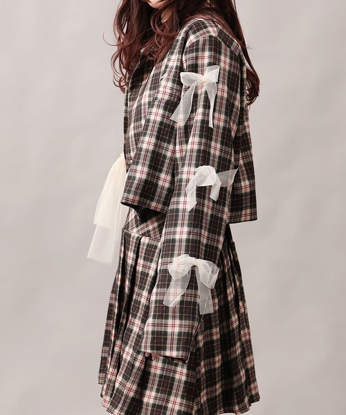 HOOK(フック)の「【HOOK】for girls チュールリボン付きチェック柄ジャケット(テーラードジャケット・レディース・グリーン/ブラック・LARGE/MEDIUM/SMALL)」の5枚目の写真