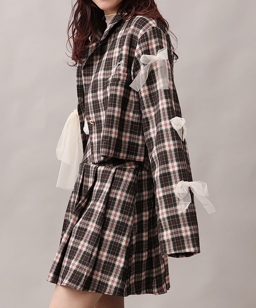 HOOK】for girls チュールリボン付きチェック柄ジャケット（テーラード