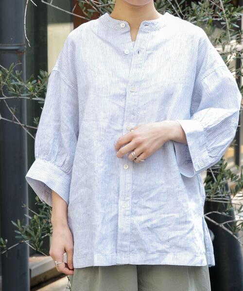 FORK&SPOON（フォークアンドスプーン）の「FORK&SPOON　コットンリネンギャザースリーブシャツ（シャツ/ブラウス・レディース・ストライプ/チャコールグレー/ブラック系その他/ナチュラル・1）」の4枚目の写真