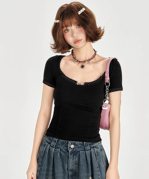 tシャツ ドット柄パイピング バックレースアップ 半袖トップス GH25s092「Girlyhalo」 レディース セール】ドット柄パイピング バックレースアップ 半袖トップス