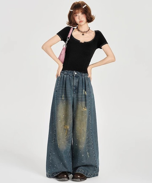 tシャツ ドット柄パイピング バックレースアップ 半袖トップス GH25s092「Girlyhalo」 レディース セール】ドット柄パイピング バックレースアップ 半袖トップス