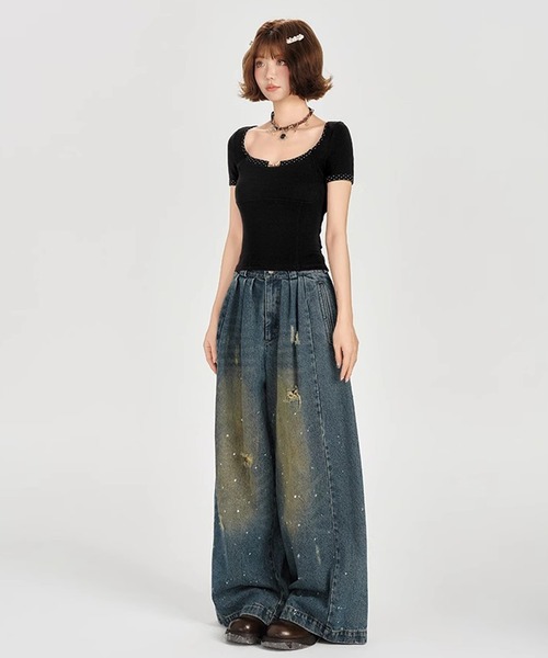 tシャツ ドット柄パイピング バックレースアップ 半袖トップス GH25s092「Girlyhalo」 レディース セール】ドット柄パイピング バックレースアップ 半袖トップス