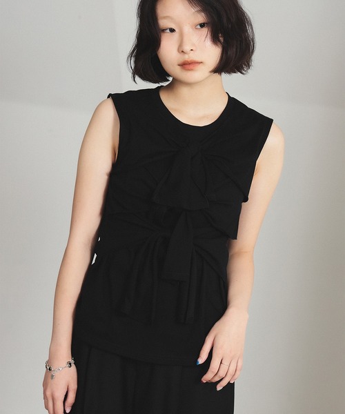 tシャツ フロント リボン ノースリーブ トップス レディース フロント リボン ノースリーブ トップス（Tシャツ/カットソー