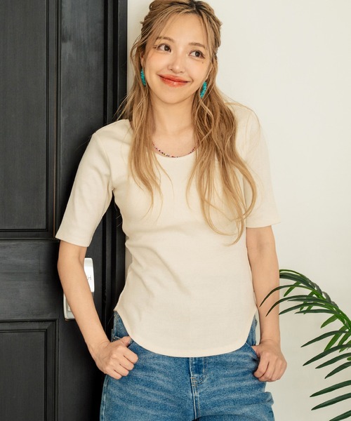 anap mimpi(アナップミンピ)の「バックオープン テレコ リブ カップ付き 半袖 Tシャツ(Tシャツ/カットソー・レディース・キナリ/ダークグレー・FREE)」の7枚目の写真