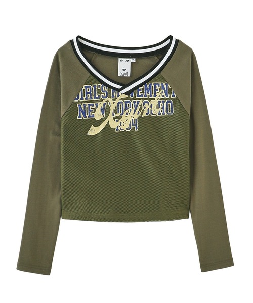 X-girl(エックスガール)の「MESH PANELED L/S COMPACT TOP(Tシャツ/カットソー・レディース・オリーブ/ブラック・S/M)」の2枚目の写真