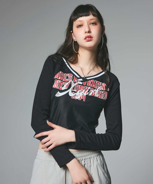 X-girl(エックスガール)の「MESH PANELED L/S COMPACT TOP(Tシャツ/カットソー・レディース・オリーブ/ブラック・S/M)」の1枚目の写真