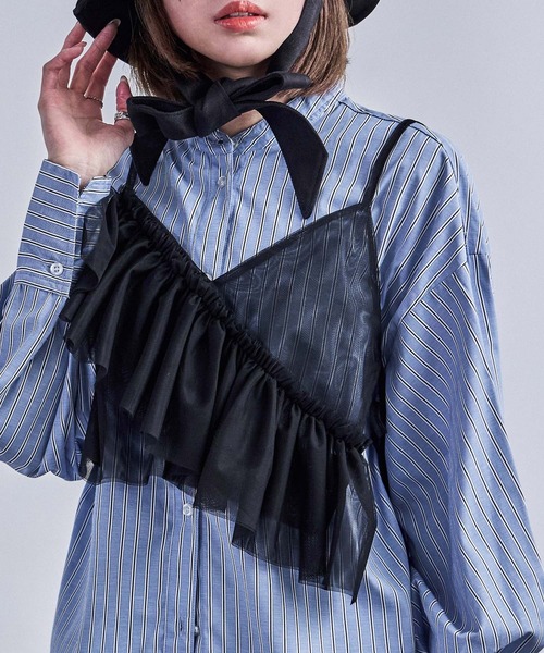 Fashion Letter（ファッションレター）の「アシメフリル チュールビスチェ（キャミソール・レディース・ブラック/アイボリー/グレー/レッド・M）」の2枚目の写真
