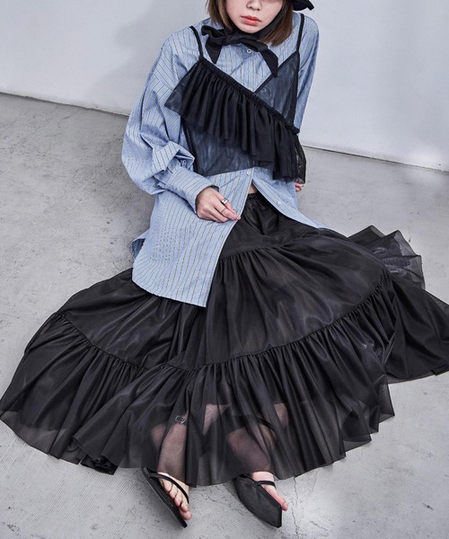 Fashion Letter（ファッションレター）の「アシメフリル チュールビスチェ（キャミソール・レディース・ブラック/アイボリー/グレー/レッド・M）」の5枚目の写真
