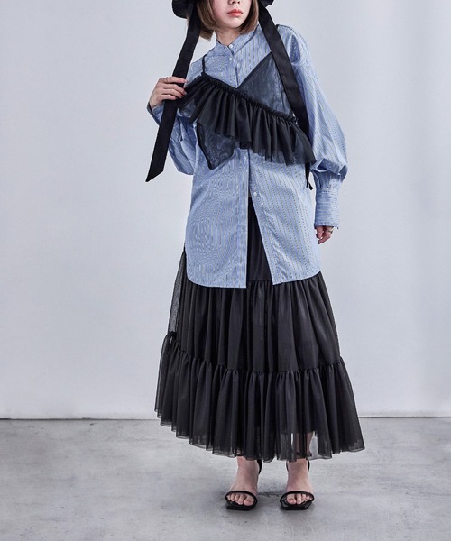 Fashion Letter（ファッションレター）の「アシメフリル チュールビスチェ（キャミソール・レディース・ブラック/アイボリー/グレー/レッド・M）」の8枚目の写真
