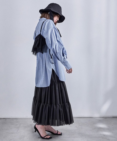 Fashion Letter（ファッションレター）の「アシメフリル チュールビスチェ（キャミソール・レディース・ブラック/アイボリー/グレー/レッド・M）」の10枚目の写真