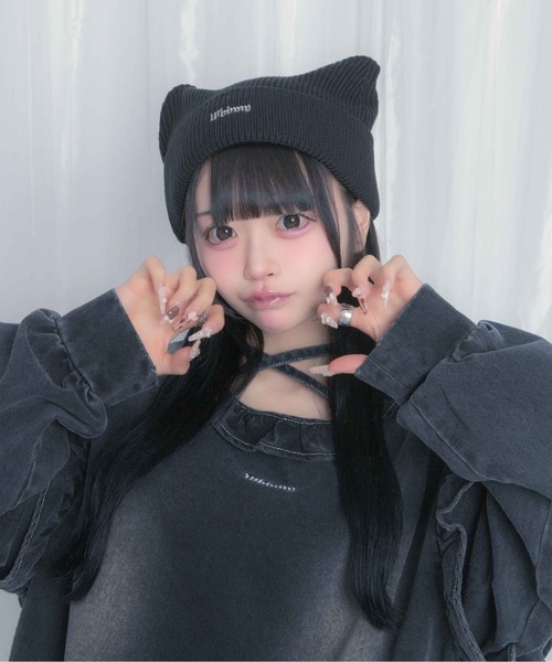 Whinny（ホワイニー）の「Whinny/くつろぎねこパンチ帽（ニットキャップ/ビーニー・レディース・ホワイト/ブラック/グレー・FREE）」の18枚目の写真