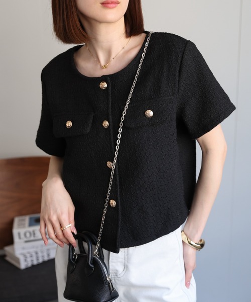 sakishimatokyo（サキシマトーキョー）の「半袖ジャケット/金ボタン/ショート丈/（ノーカラージャケット・レディース・ブラック/オフホワイト・FREE）」の14枚目の写真