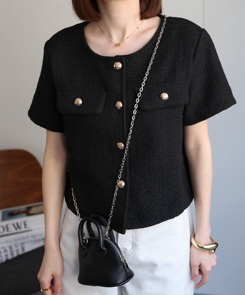 sakishimatokyo（サキシマトーキョー）の「半袖ジャケット/金ボタン/ショート丈/（ノーカラージャケット・レディース・ブラック/オフホワイト・FREE）」の13枚目の写真